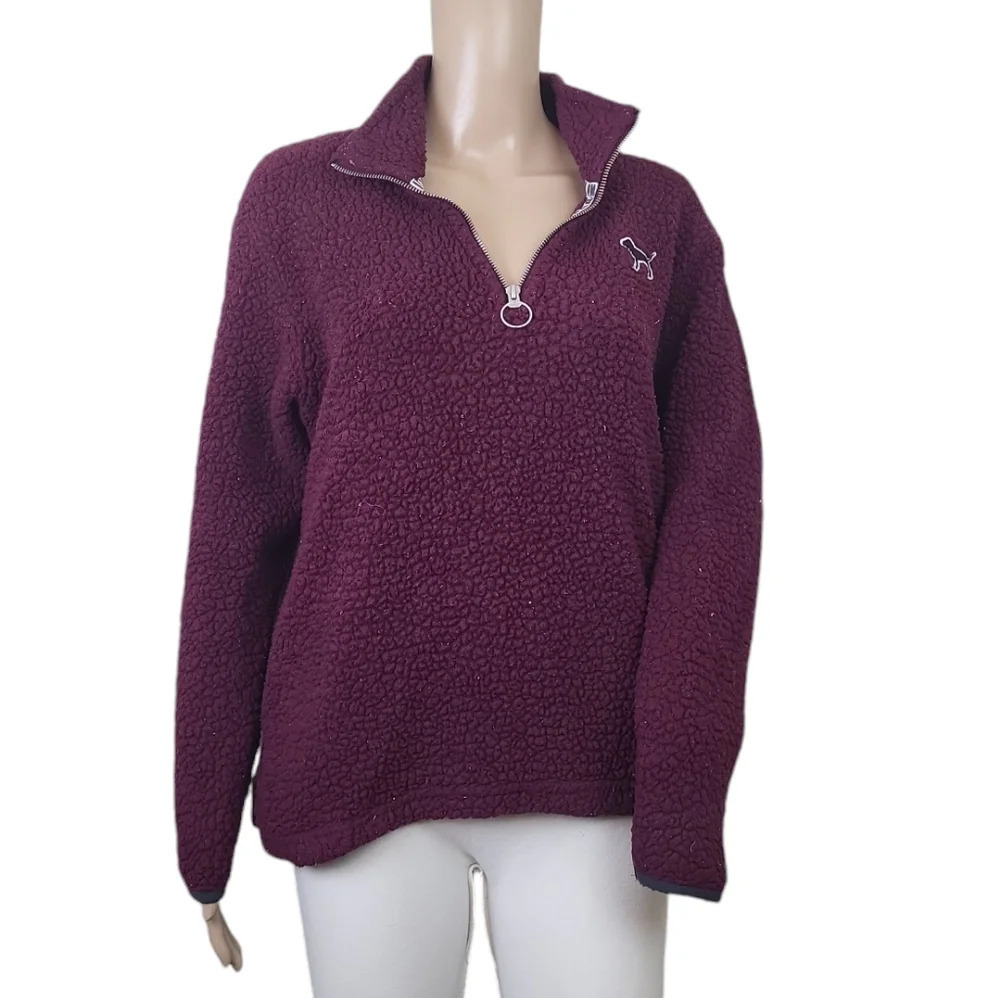 PINK Victoria’s Secret Burgundy Teddy Fleece 1/4 Zip Pullover Sweater